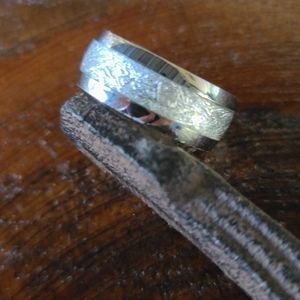 Tungsten ring with silver meterorite inlay